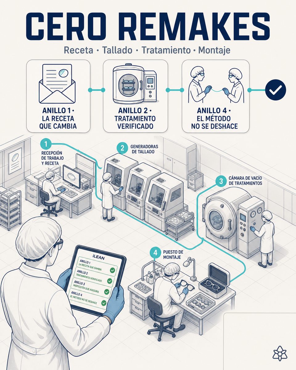 Sala de control de una planta óptica con los cuatro anillos de verificación iLEAN cruzados —pedido, tallado, verificación óptica y par montado— sobre el flujo completo de fabricación de lente