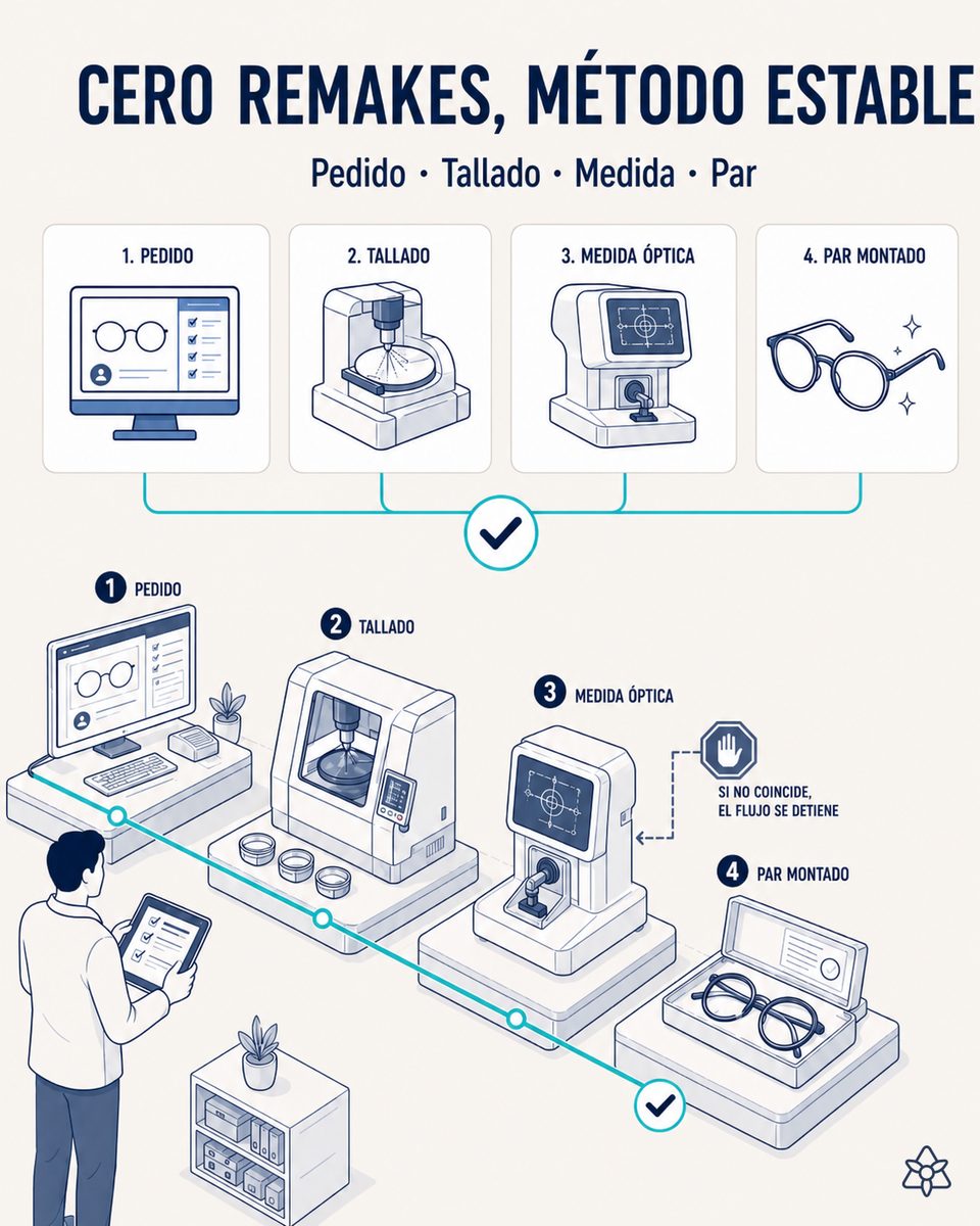 Sala de control de una planta óptica con los cuatro anillos de verificación iLEAN cruzados —pedido, tallado, verificación óptica y par montado— sobre el flujo completo de fabricación de lente