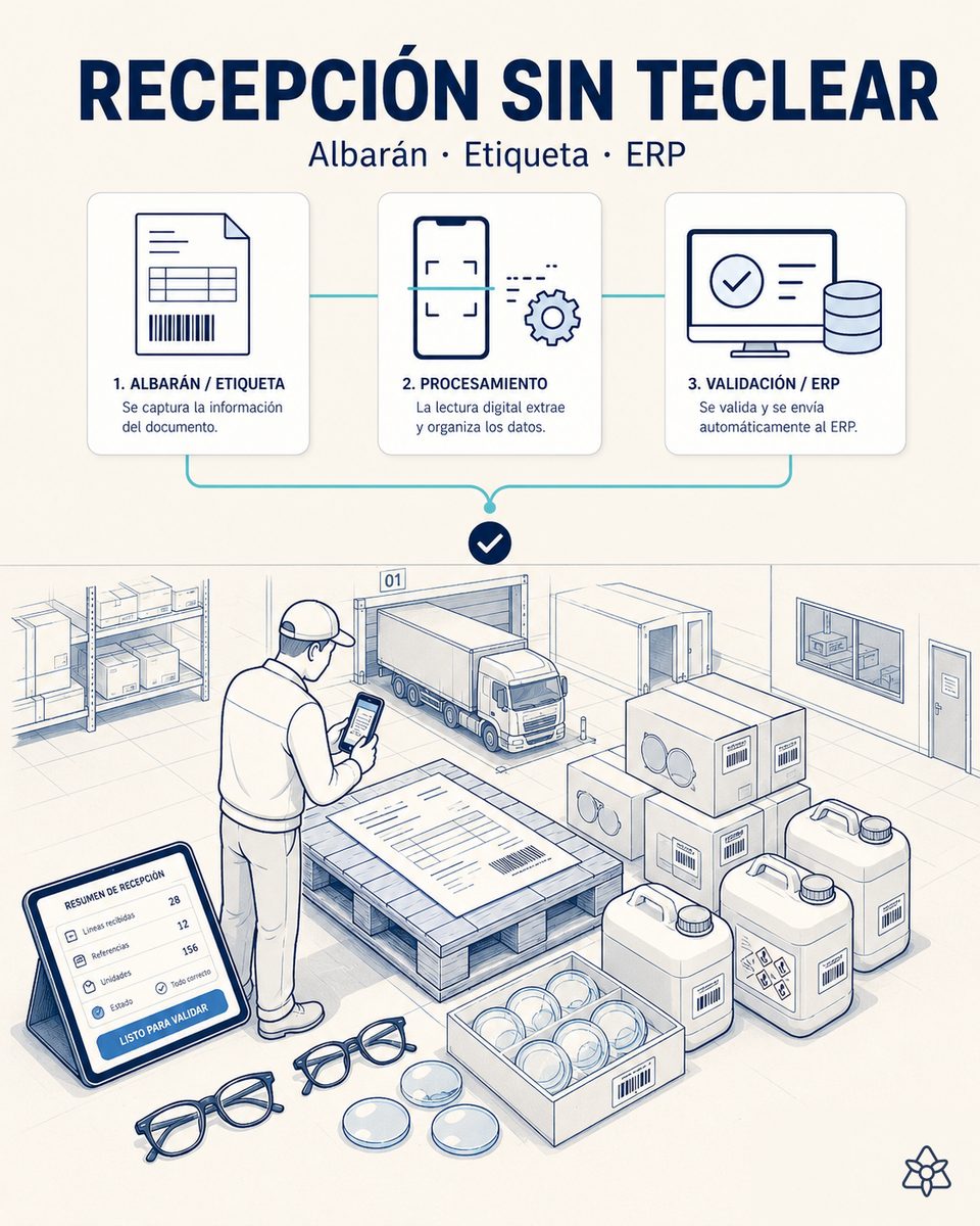 Responsable de recepción de una planta óptica fotografiando con la tableta el albarán del proveedor y la etiqueta de un palé de lentes semiterminadas, mientras iLEAN Connect extrae lote, cantidad y caducidad para el volcado al ERP