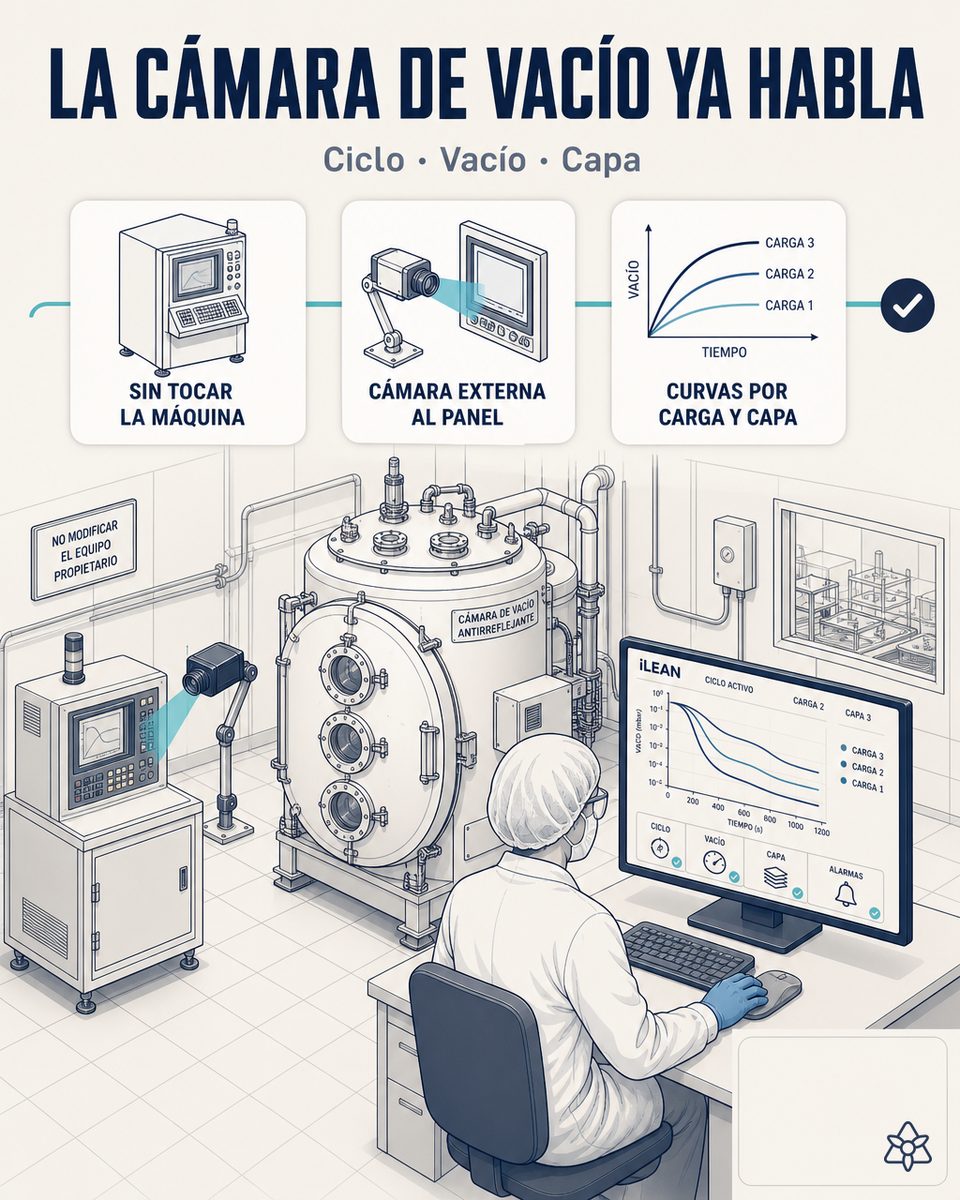 Cámara industrial iLEAN Connect montada frente al panel propietario de la cámara de vacío de antirreflejante de una planta óptica, leyendo la curva de vacío, los tiempos de bombeo y la temperatura de cada carga sin tocar la máquina