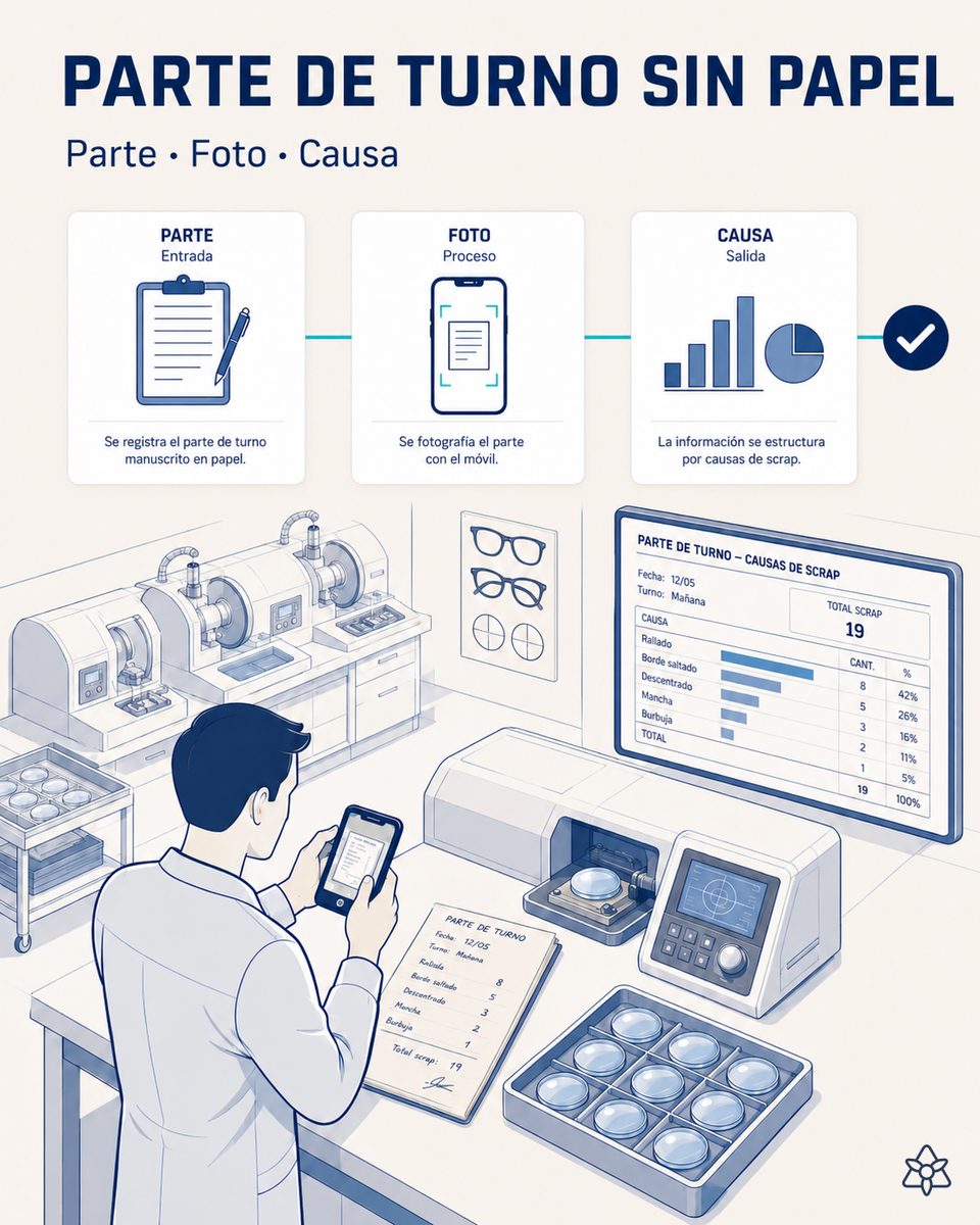 Responsable de línea de un laboratorio de tallado de lentes oftálmicas fotografiando con la tableta el parte de turno al cerrar — Connect extrae jobs, roturas, paradas y causa anotada a mano y las deja en el sistema central en el segundo cero