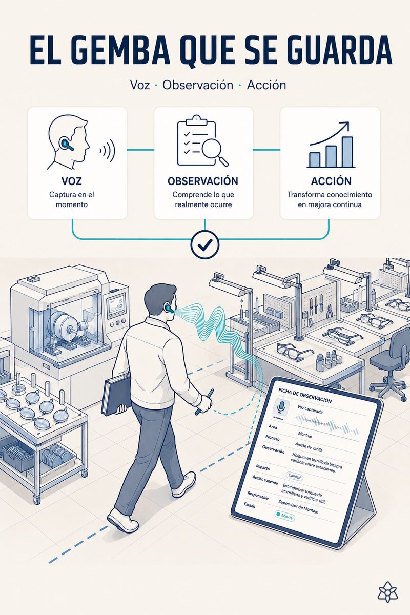 Supervisor de turno de una planta óptica caminando entre las estaciones de tallado y tratamientos con pinganillo, dictando una observación que iLEAN Connect estructura y vincula a línea, puesto y turno