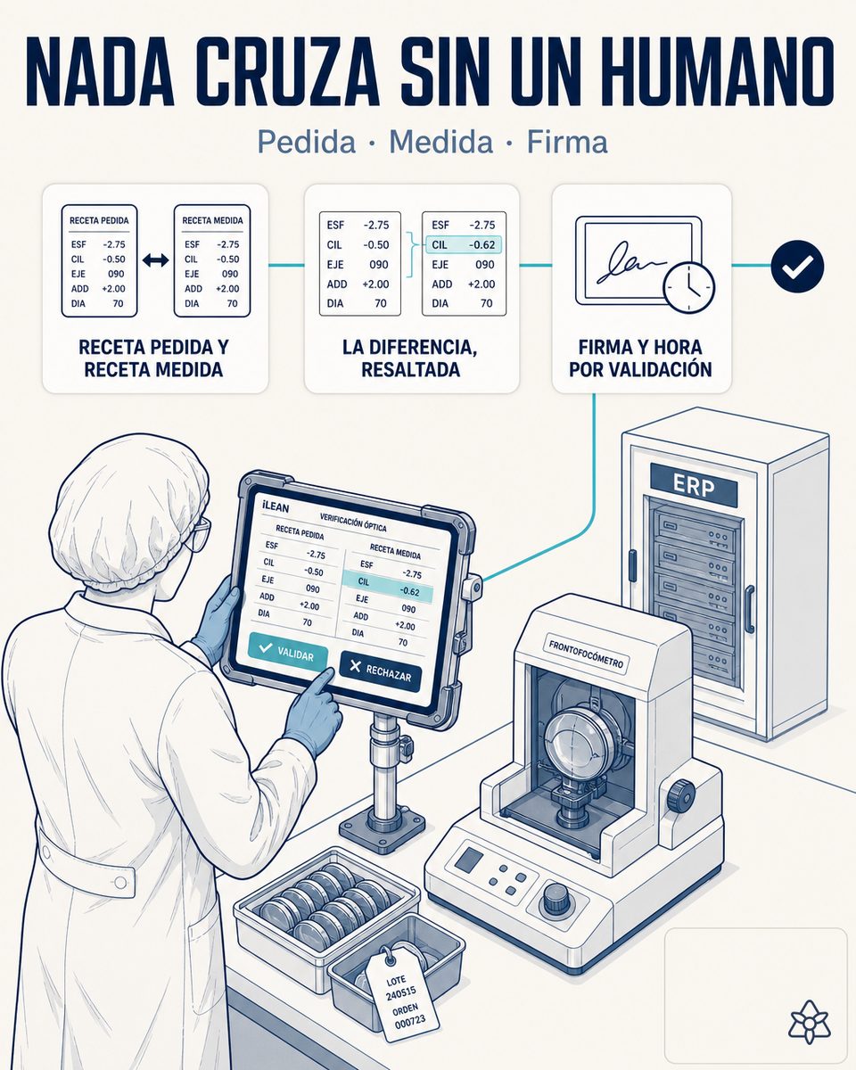 Operario del puesto de verificación de una planta óptica validando en dos toques sobre la tableta el enfrentamiento entre receta pedida y receta medida antes de que el dato cruce al sistema del laboratorio y al ERP