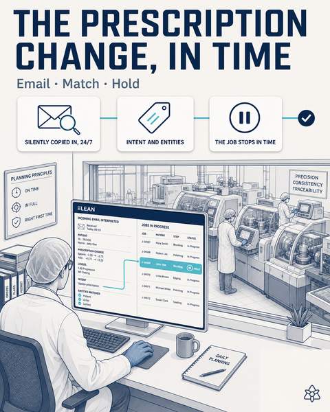Prescription change email cross-referenced with the job in transit by iLEAN Connect