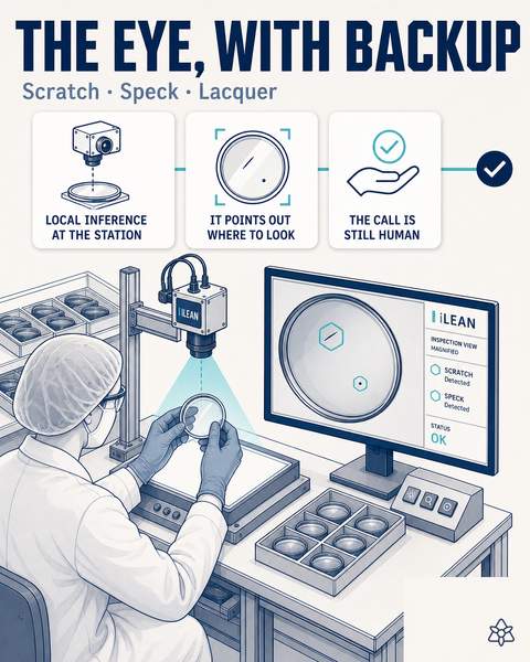 Edge camera with controlled lighting inspecting lenses at the coating exit