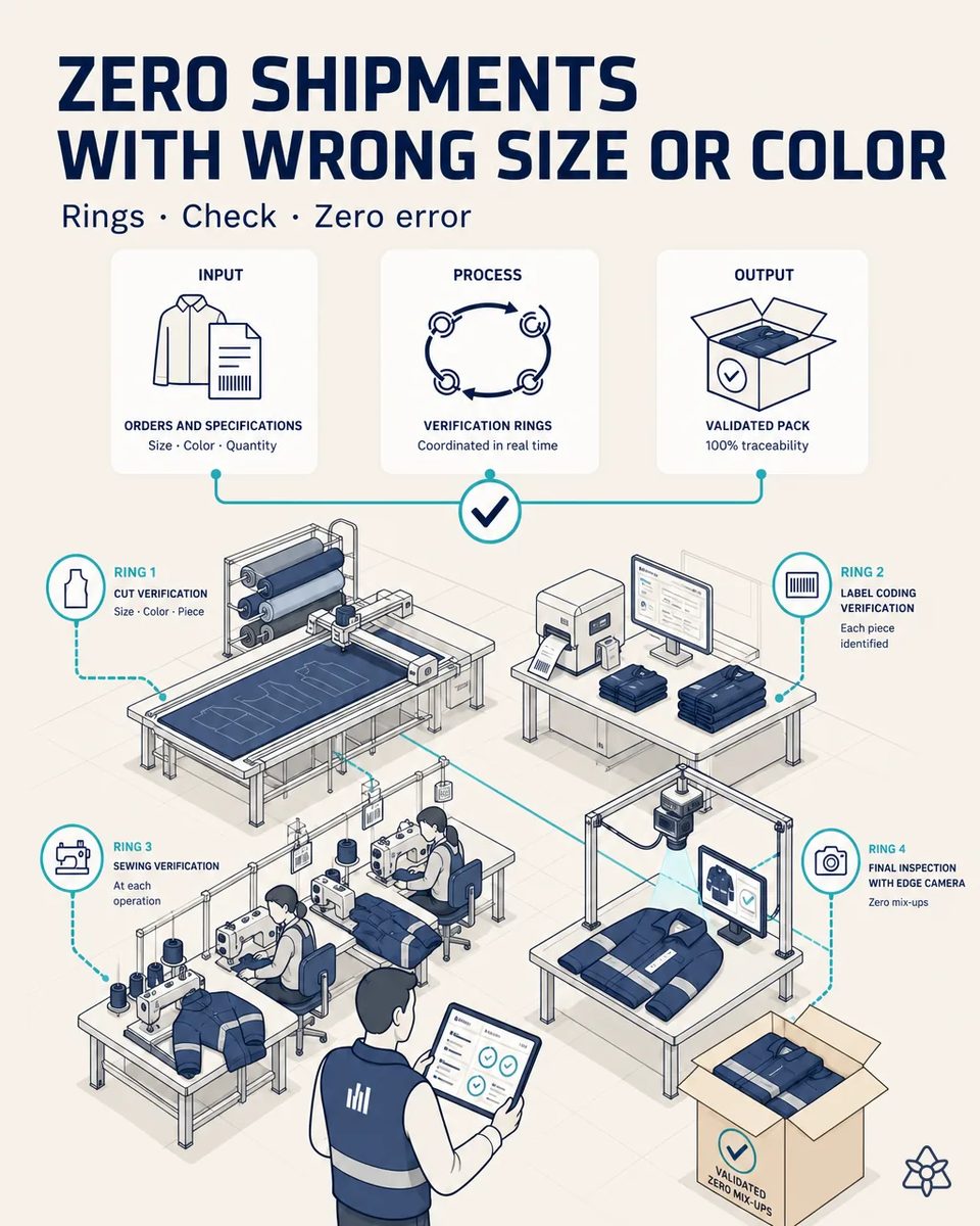 Workwear plant overview with cutting table, label printer, sewing stations and an Edge camera at final inspection marked as four verification rings, ending in a validated carton of navy reflective jackets