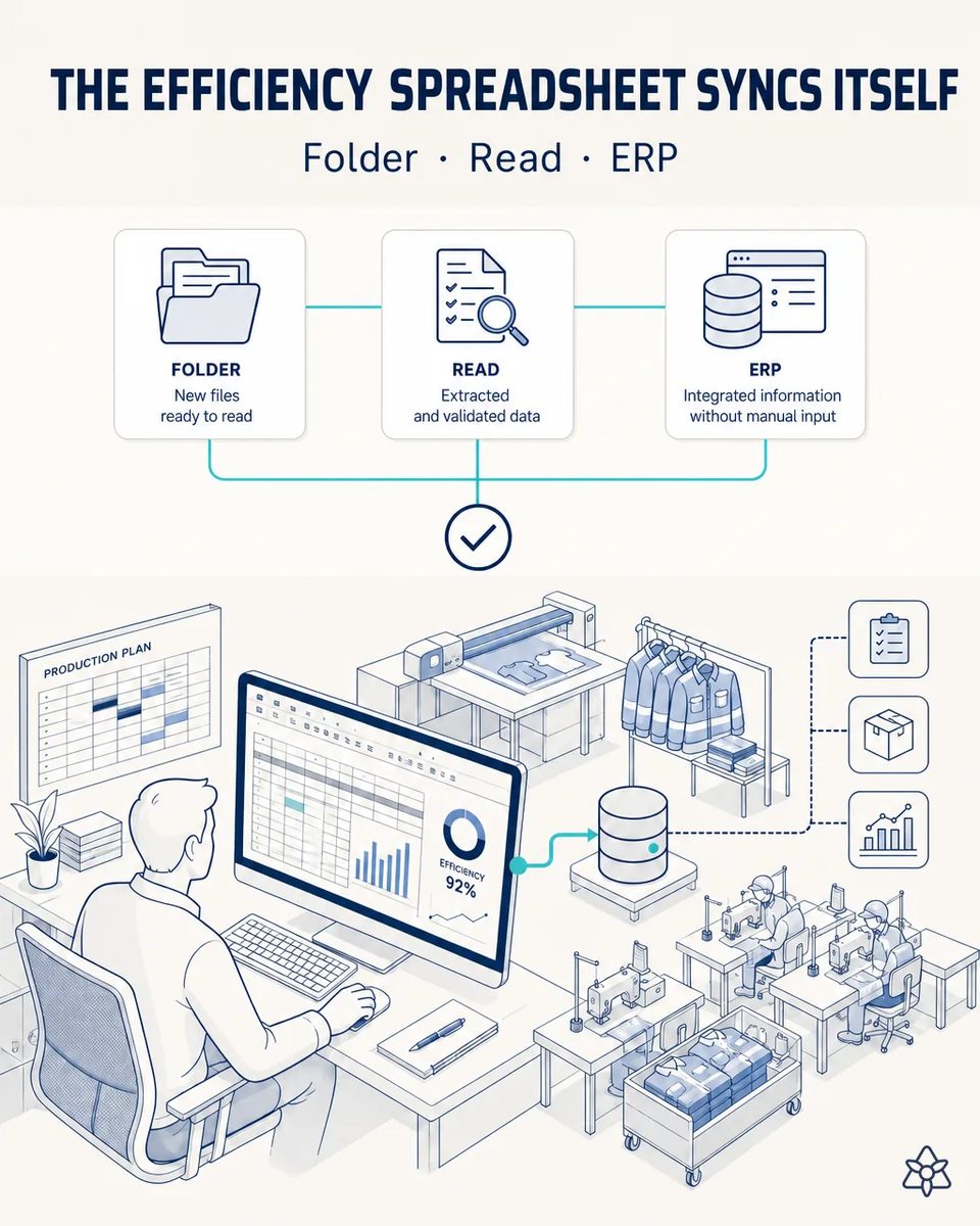 Continuous-improvement lead at a desk with a line-efficiency spreadsheet showing 92% on screen, its data flowing to a database next to sewing stations and a rack of high-visibility jackets