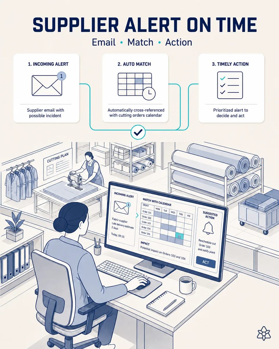 Planner at a workwear plant reviewing a screen that cross-references a fabric supplier's delay email with the cutting orders calendar and suggests rescheduling one order, with fabric rolls behind