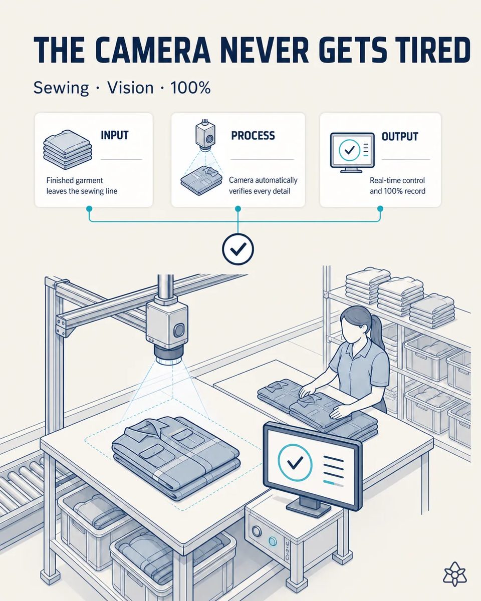 Industrial camera on an overhead gantry inspecting a folded work shirt on the final inspection table, with a monitor showing a pass check and an operator folding garments beside bins of finished goods