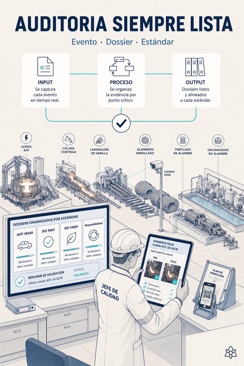 Responsable de Calidad de una planta de acero largo revisando en un portátil el portal del auditor con el evidence pack organizado por IATF 16949, ISO y ResponsibleSteel