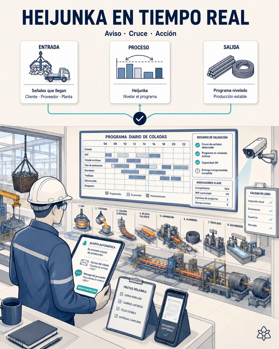 Jefe de acería de una planta de acero largo revisando en el móvil un WhatsApp del proveedor de chatarra sobre un retraso de suministro, con el programa de coladas del MES de fondo — Connect detecta el mensaje en el segundo cero y propone la re-nivelación heijunka