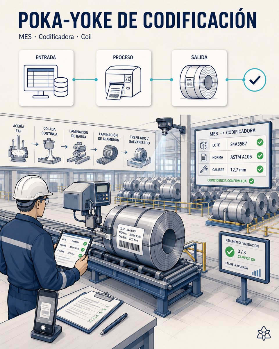 Codificadora industrial imprimiendo la etiqueta de un coil de acero largo, cosida al ERP y al MES mediante iLEAN Connect con colada, norma, calibre, peso y cliente destino publicados sin tecleo intermedio