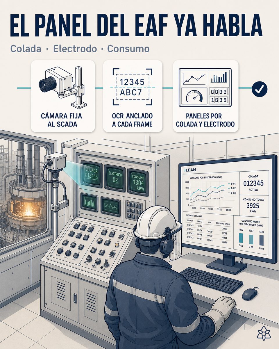 Cámara industrial externa apuntando al panel SCADA vintage del horno de arco eléctrico en el púlpito de una acería de acero largo — iLEAN Connect digitaliza potencia, factor de potencia, temperatura, consumo específico y curva de afino de cada colada sin tocar el SCADA original