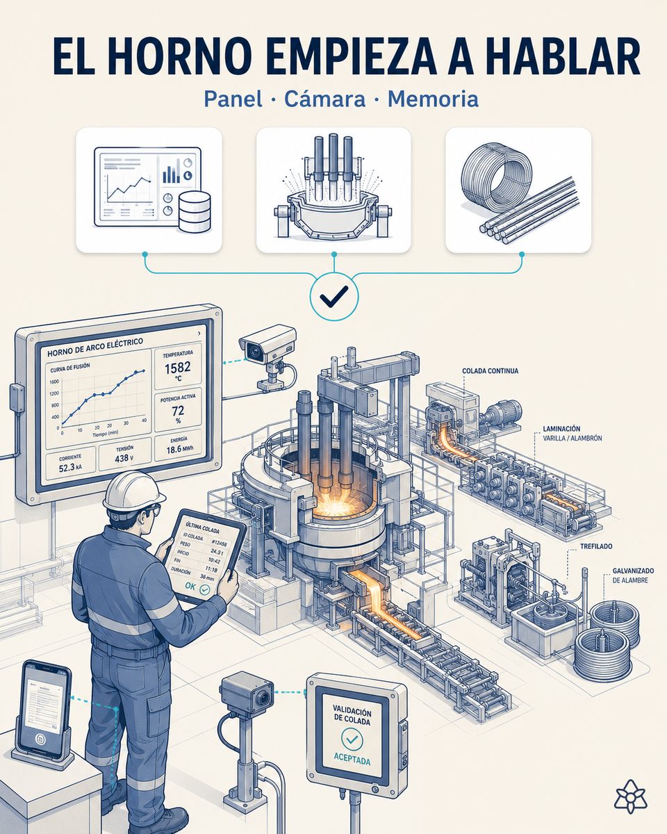 Cámara industrial externa apuntando al panel SCADA vintage del horno de arco eléctrico en el púlpito de una acería de acero largo — iLEAN Connect digitaliza potencia, factor de potencia, temperatura, consumo específico y curva de afino de cada colada sin tocar el SCADA original