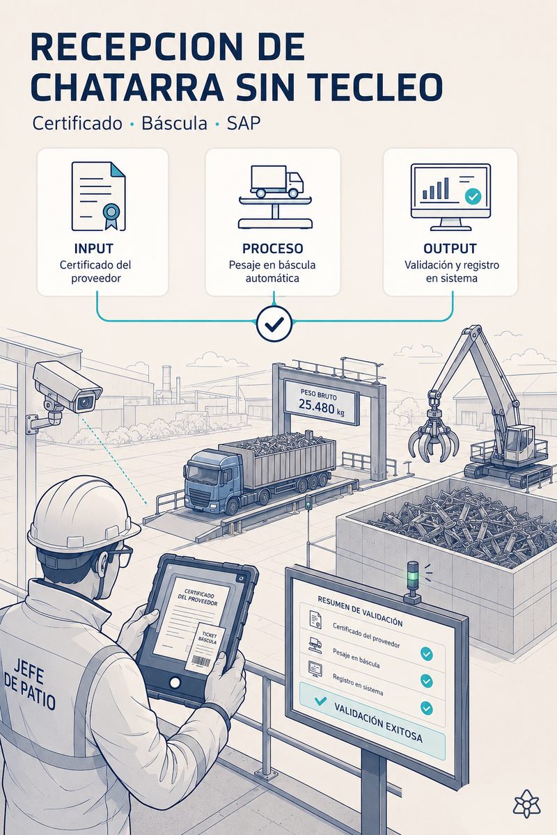 Jefe de patio de una planta de acero largo fotografiando con la tableta industrial el certificado del proveedor y el ticket de báscula en la recepción de chatarra — Connect vuelca el mix de grupos, pesos y lotes a los módulos MM y WM del ERP tras un toque de validación