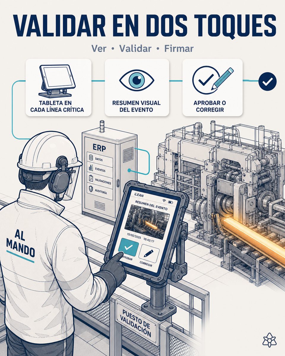 Operario de un tren de laminación de acero largo validando con dos toques —check para validar, lápiz para corregir— en la tableta industrial a pie de línea el resumen visual capturado por iLEAN Connect antes de que el dato entre al MES o al ERP