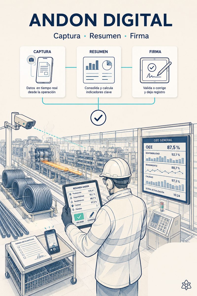 Operario de un tren de laminación de acero largo validando con dos toques —check para validar, lápiz para corregir— en la tableta industrial a pie de línea el resumen visual capturado por iLEAN Connect antes de que el dato entre al MES o al ERP