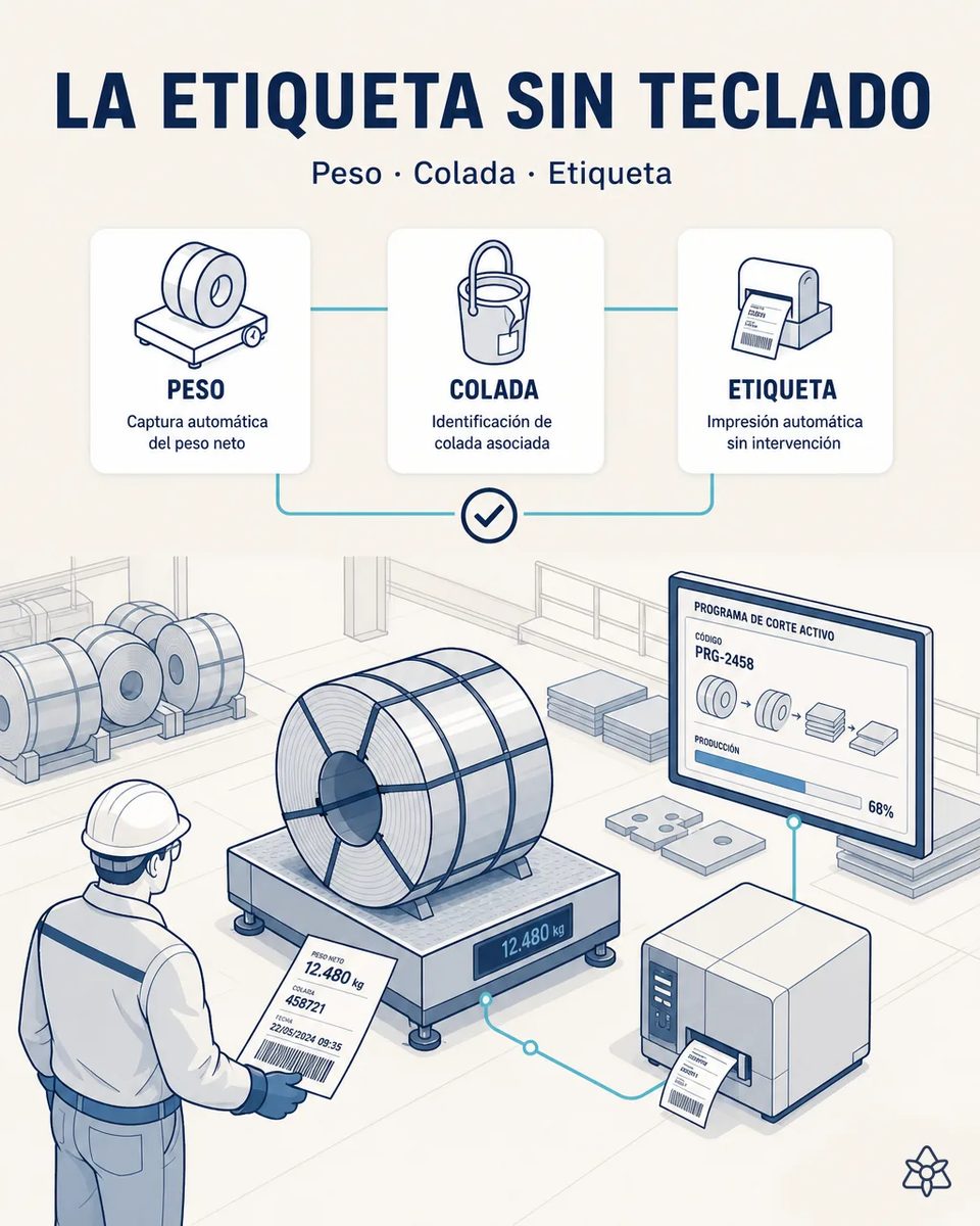 Operario sujetando la etiqueta recién impresa con peso neto y colada junto a un atado sobre la báscula que marca 12.480 kg, la etiquetadora y una pantalla con el programa de corte activo, con bobinas almacenadas al fondo