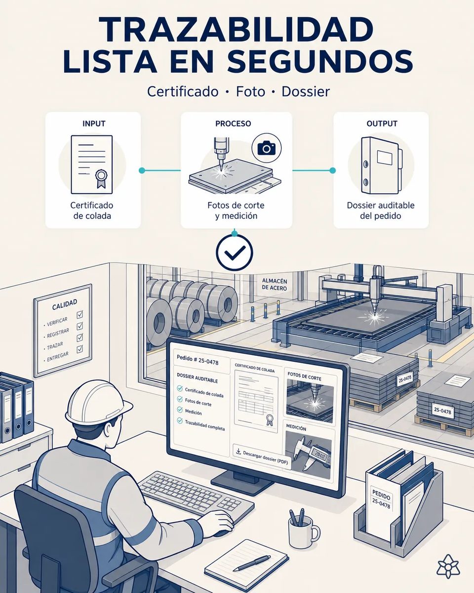 Responsable de calidad descarga en pantalla el dossier auditable de un pedido, con su certificado de colada, las fotos del corte y la medición, mientras al fondo de la nave el pantógrafo trabaja y los palés ya cortados salen etiquetados con el número de pedido