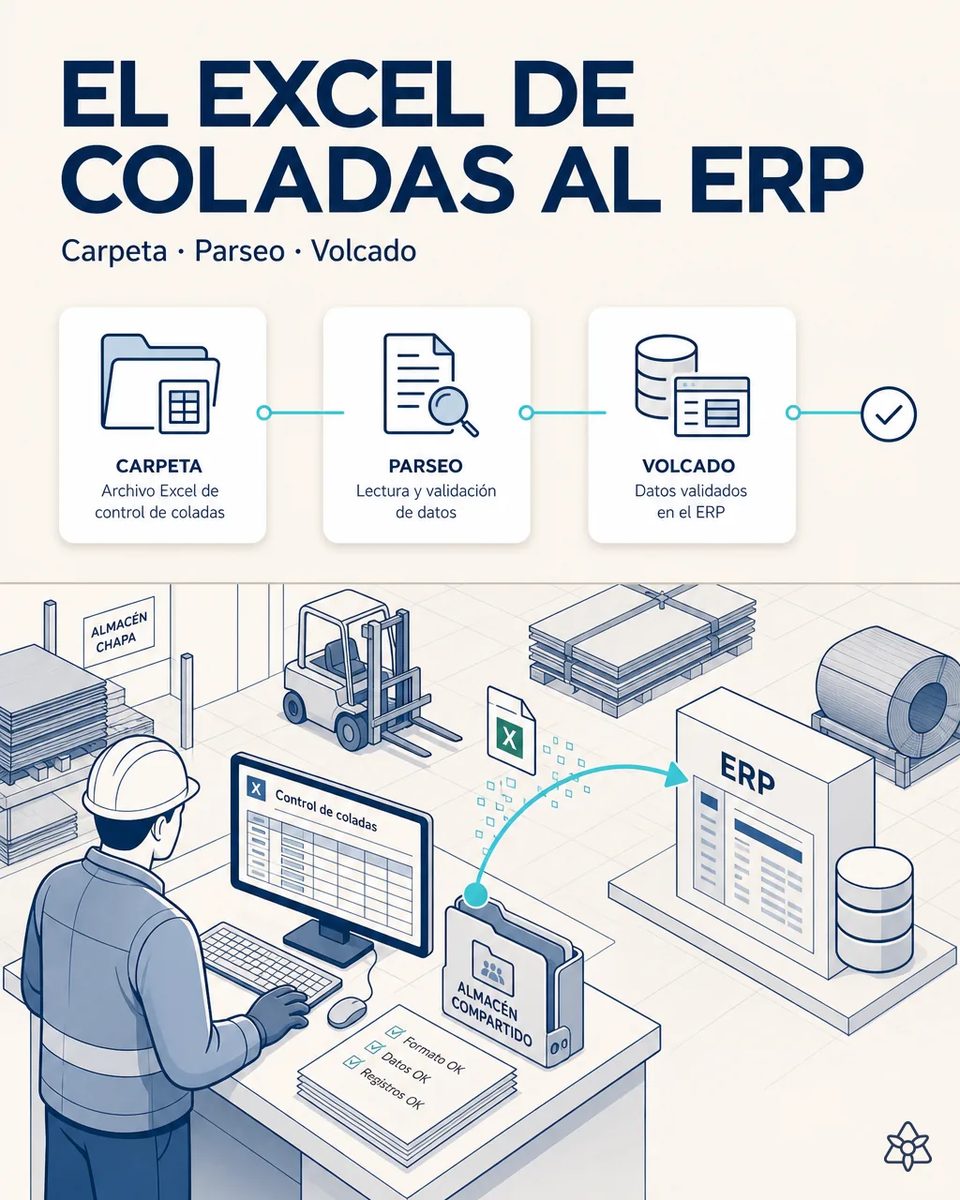 Administrativo revisa en el monitor el Excel de control de coladas de la carpeta compartida del almacén mientras los registros ya validados se vuelcan al ERP, con la carretilla, los palés de chapa y el material recibido al fondo de la nave
