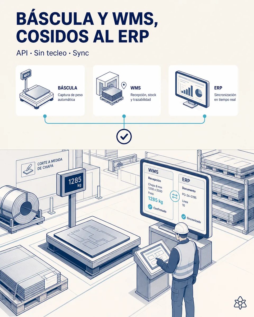 Báscula de suelo con el visor marcando el peso de un palé de chapa cortada mientras la pantalla del almacén muestra la recepción del WMS y la línea del ERP ya sincronizadas, con un operario confirmando en un terminal