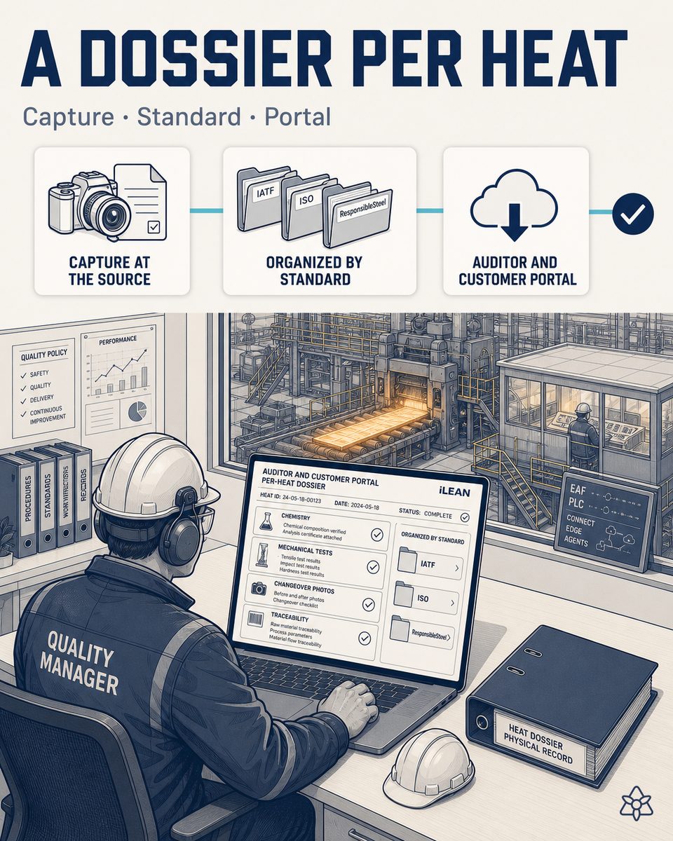 Quality manager of a long steel plant reviewing on a laptop the auditor portal with the evidence pack organized by IATF 16949, ISO and ResponsibleSteel