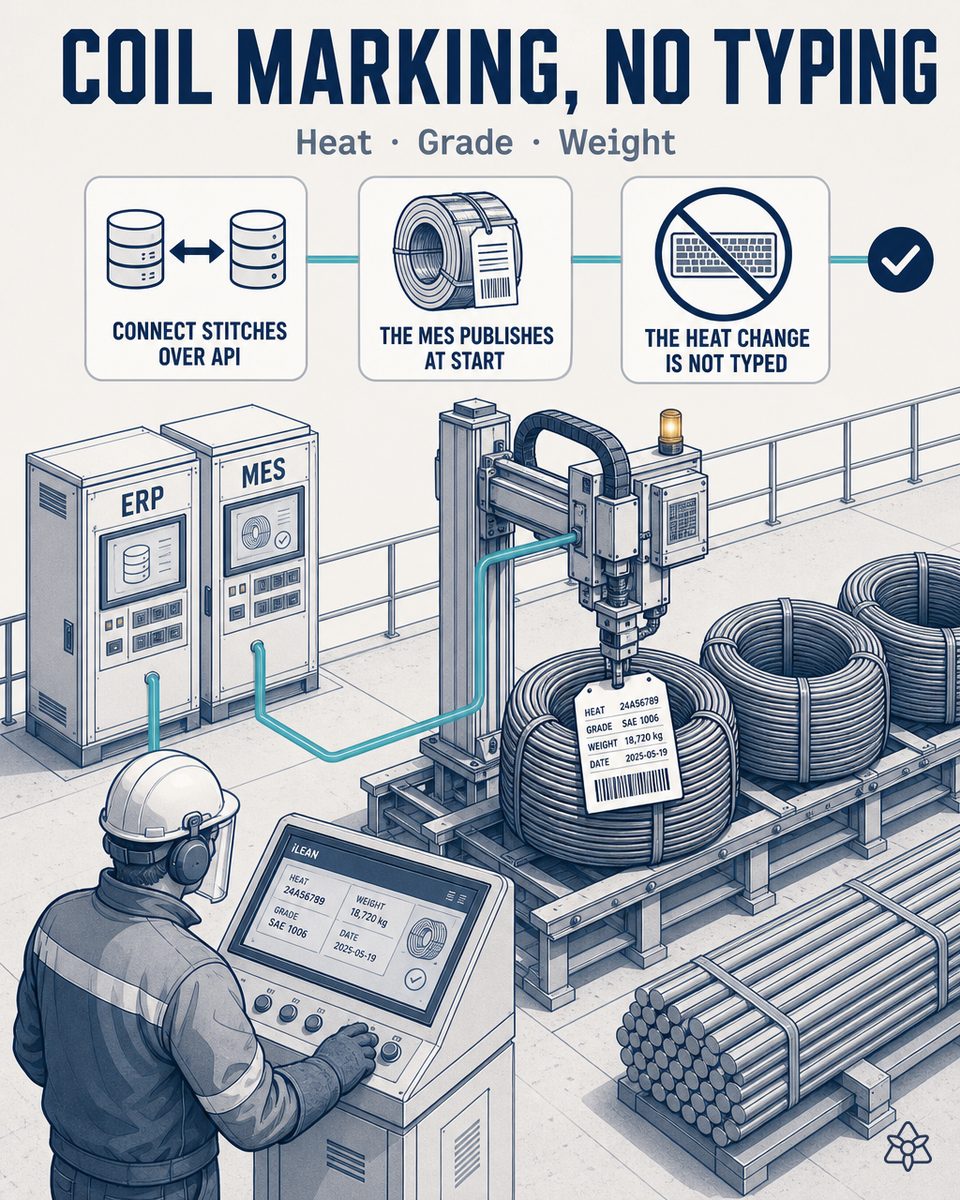 Industrial marker printing the tag of a long steel coil, stitched to the ERP and the MES by iLEAN Connect with heat, grade standard, gauge, weight and destination customer published with no typing in between
