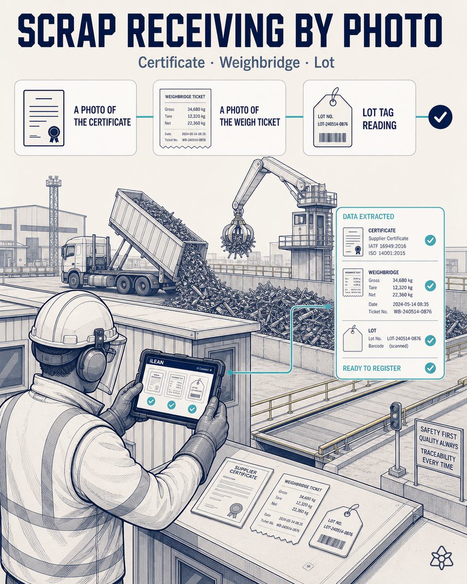 Yard manager at a long steel plant photographing the supplier certificate and the weighbridge ticket with an industrial tablet at scrap receiving, while Connect pours the grade mix, weights and lots into the ERP MM and WM modules after a one-tap validation