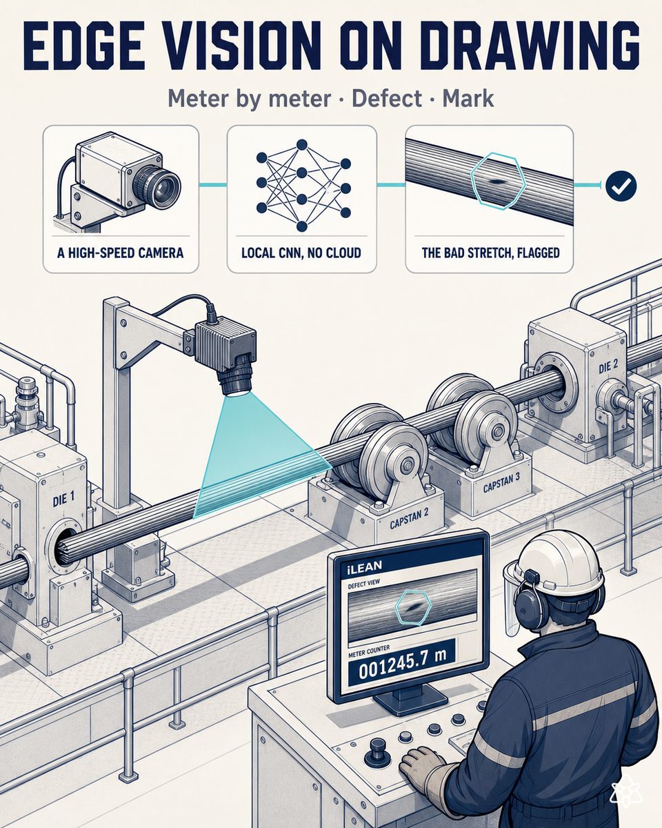 High-speed industrial iLEAN Edge camera installed over a wire drawing line, inspecting the wire meter by meter and marking the defective stretch before the coil is collected