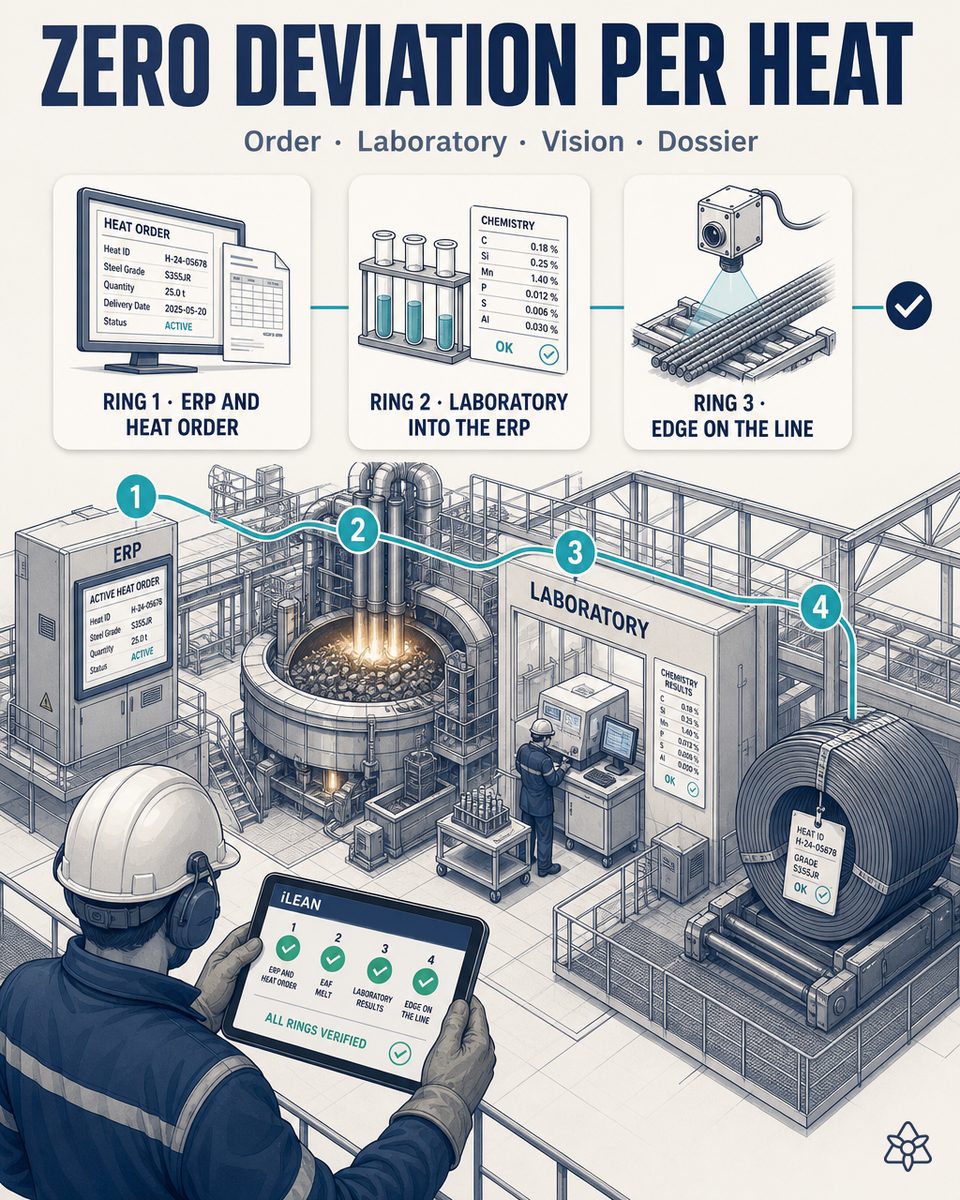 Long steel plant with four coordinated verification points — the ERP defining the active heat order with target recipe, scrap mix, customer and destination standard, the laboratory feeding composition and mechanical tests into the QM with the metallurgist's validation, an Edge camera on the drawing and rolling line with JIDOKA AI, and the coil marker labeling every coil with its PPAP-ready evidence pack signed by the quality technician — the iLEAN 4-ring system for zero per-heat deviation