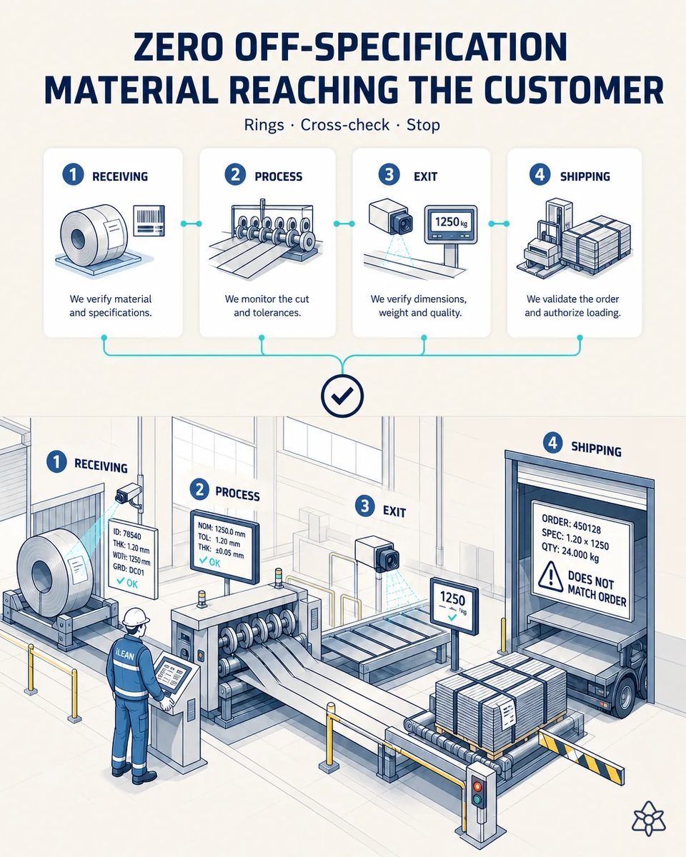 Service center floor with the four rings marked: a coil at receiving with its tag read, the slitter with tolerances shown, a camera and scale at the exit, and a strapped bundle held by a barrier at the shipping dock with a warning that it does not match the order