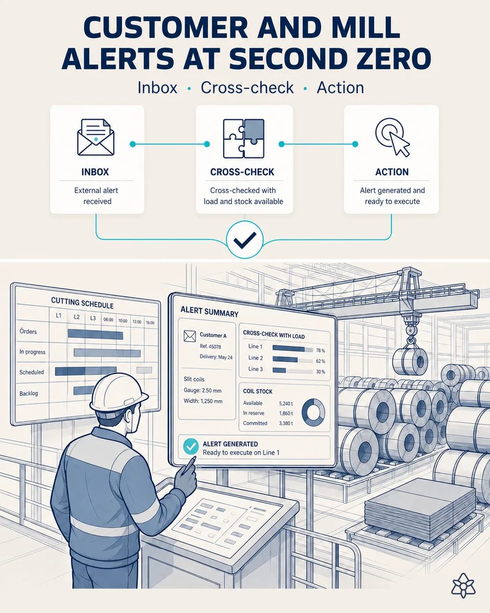 Operations planner at a service center reviewing an alert summary on screen next to the cutting schedule, with the cross-check against line load and coil stock, and stacked coils under the crane behind