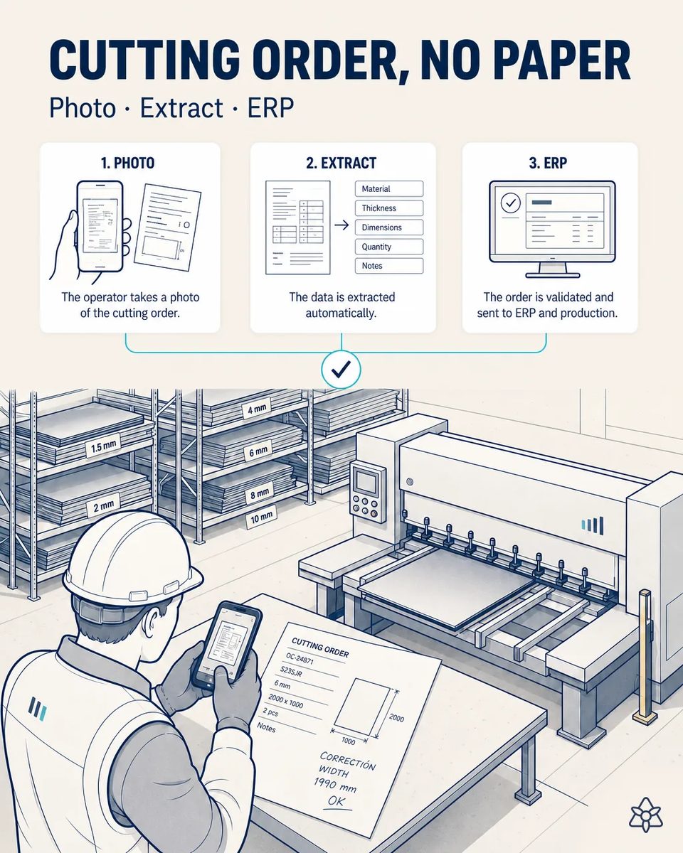 Operator photographing a paper cutting order with his phone beside the guillotine shear, the order showing grade, thickness and format with a handwritten width correction, and racks of sheet sorted by thickness behind