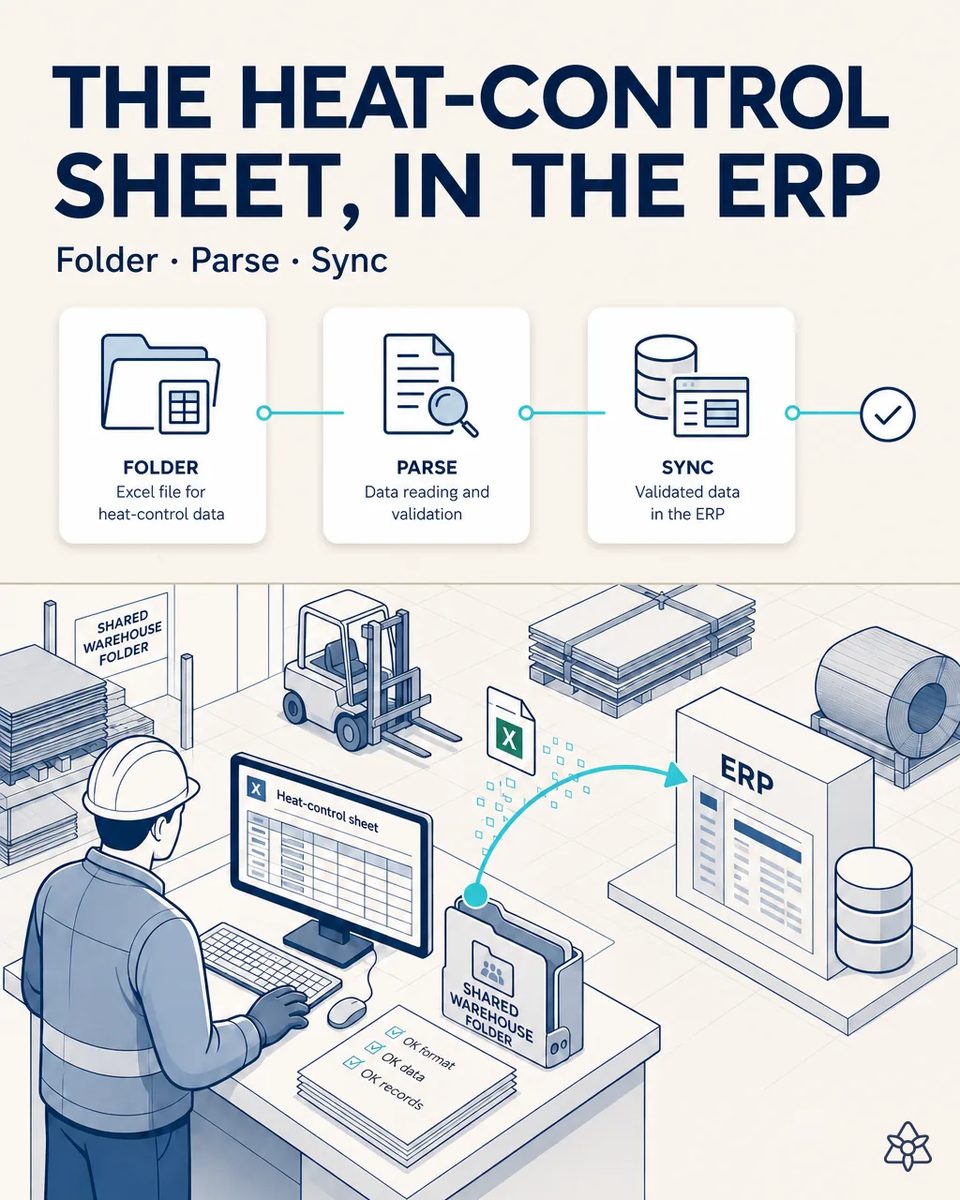 Warehouse clerk reviewing the heat-control spreadsheet on screen in front of the shared folder, with the validated data flowing to the ERP while a forklift moves stacked sheet behind him