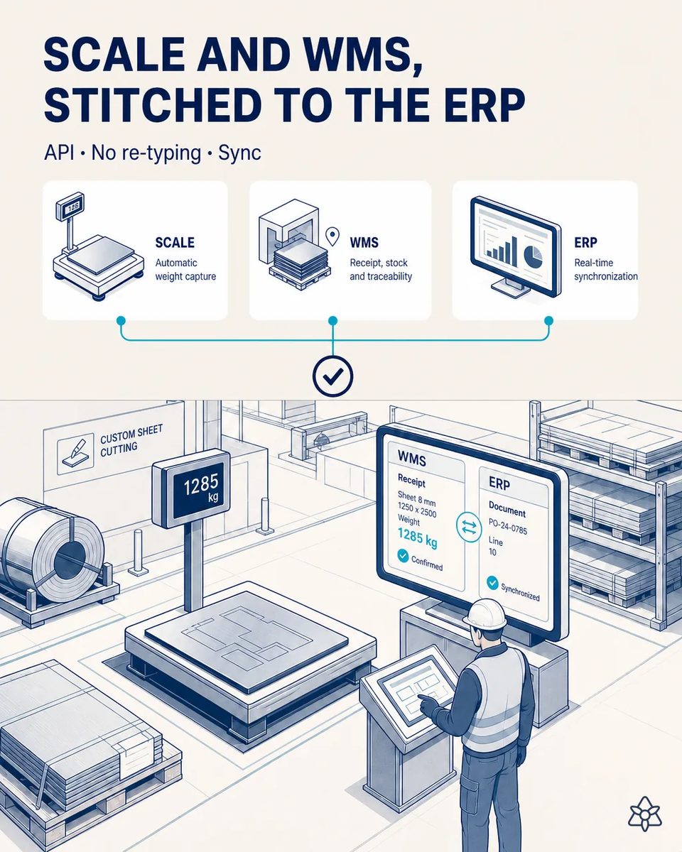 Stack of cut sheet on the warehouse scale showing its weight in kilograms while the screen alongside shows the same weight confirmed in the WMS and synced to the ERP order line