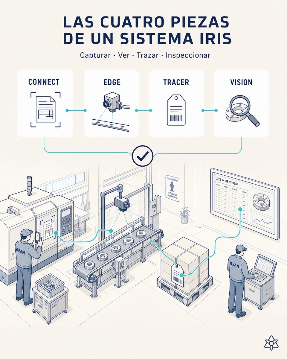 Las cuatro piezas de un sistema IRIS en una nave industrial: un operario fotografía un parte junto a una máquina antigua, una cámara mira la línea y una pantalla muestra el histórico del lote