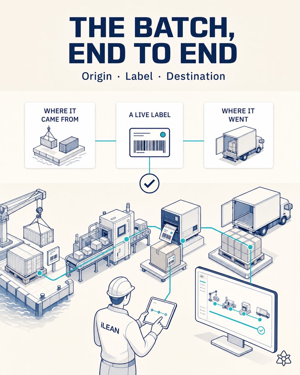 A full traceability chain: raw material received at the dock, the production line, a label printer and a finished pallet heading out to the truck