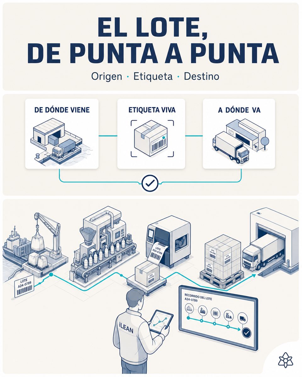 Cadena completa de trazabilidad: materia prima recibida en el muelle, línea de producción, impresora de etiquetas y tarima terminada saliendo hacia el camión