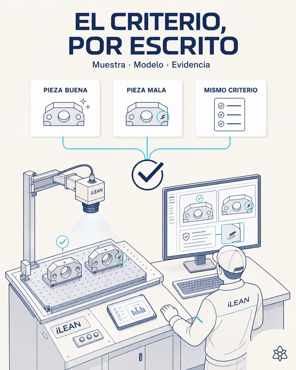 Banco de inspección con dos piezas idénticas comparadas por una cámara industrial, el defecto sutil señalado en pantalla y la evidencia guardada