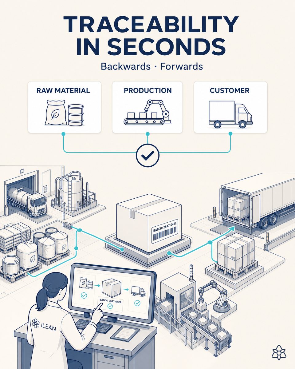 A traceability query answered at a glance: from a box with its batch label, one branch runs back to the raw material at the dock and another forward to the pallets loaded onto the truck