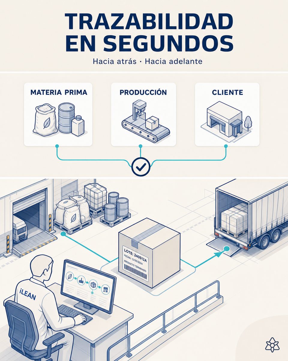 Consulta de trazabilidad resuelta a la vista: desde una caja con su etiqueta de lote, una rama va hacia atrás a la materia prima del muelle y otra hacia adelante a las tarimas cargadas en el camión